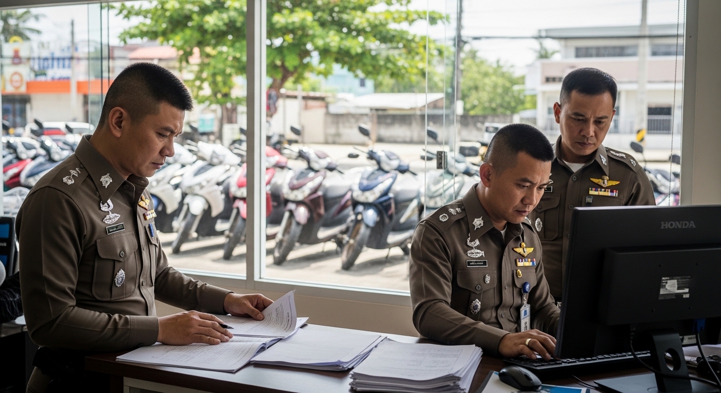 Royal Thai Police officers conducting a business inspection at a motorbike rental shop in Phuket, examining documents and records