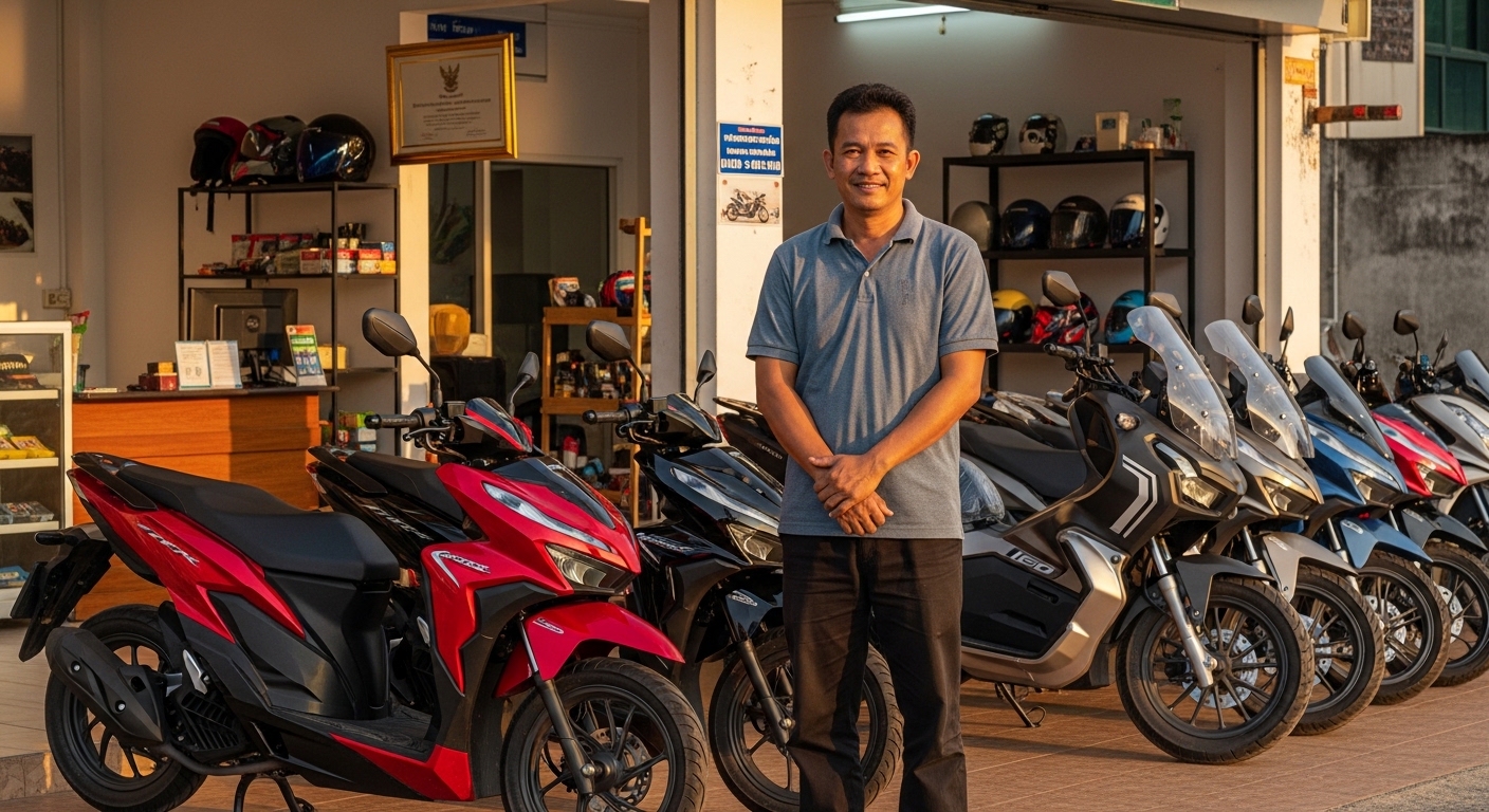 Thai owner of a legitimate local motorbike rental business in Phuket standing proudly in front of Honda scooters with business registration on the wall