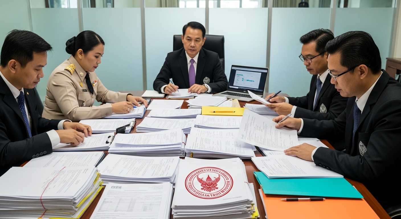 Thai government officials reviewing seized business documents and company records in a nominee business investigation